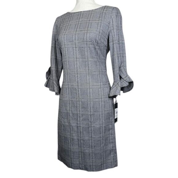 NWT Karl Lagerfeld 3/4 Tulip Sleeve Houndstooth Plaid Sheath Dress Size 2 - Picture 3 of 16